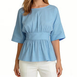 2026 Summer Women's Peplum Tops Casual Elegant Stylish Bow Backless Loose Shirts Crew Neck Elbow Sleeve Blouse
