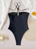 2026 Summer Women's One-piece Suit Swimwear Sexy Hollow Out Neck Lace-up Bodysuit Beachwear High Waist Push Up Bathing Suits