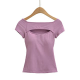 Korean Style Goddess Off-Shoulder Casual Elegant Sexy Hot Girl Top Women Hollow Out Short Sleeved Solid Color T-Shirt Charm 7O4B