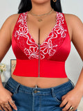 Plus Size Sexy Lingerie Set, Embroidered Front Zipper Plunge Bra, Wireless Push-up Support Bra