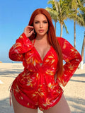 Red Floral Print Tankini Set 2026 Women Long Sleeve Drawstring Cover Up 3 Piece Swimsuit Beach Holiday Bathing Suit Swimwear 4XL