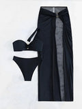 3 Pieces One shoulder Ring Link Bikini 2026 Women & Skirt Swimsuit Solid Sexy Swimwear Female Bathers Bathing Swimming Swim Suit