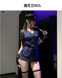 Sexy Cosplay Policewoman Midnight Uniform SM Zipper Bodysuits Solid Color Deep V Short Sleeved Wrap Hip Bodysuits Charming K0JQ