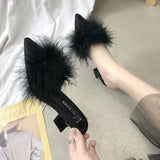 Women's Half Slippers New Summer Sexy Pointed Temperament High-heeled Slippers Female Fashion Furry High Heels Solid Slides