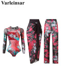 S - XXL 3PCS New Printed Long Sleeve With Pants Sarong Women Swimwear One Piece Swimsuit Female Bather Bathing Suit Swim V7180