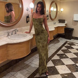 FDYOUI Sexy Elegant Chain Backless Green Floral Evening Dress for Women Sleeveless Bodycon Long Cocktail Dresses Party Club Gown