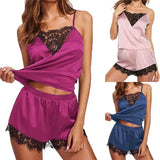 2PCS Sexy Pajama Set Women Sexy Lace Patchwork Satin Silk Suspender Top Hot Shorts Sleepwear Women Nightgown Female Sleepwear