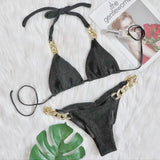 9 Colors Sexy Bikini Women Shining Fabric Golden Rhinestone Chain Swimwear Swimsuit Solid Halter Bikinis Set Bathing Suit Female
