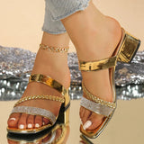 Luxury Golden Thick Heels Sandals Women Crystal Woven Strap High Heel Party Shoes Woman Plus Size 42 Square Toe Summer Sandles
