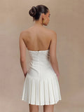 Bowknot Off Shoulder Strapless Party Short Dress for Women 2025 Elegent Lady White Pleated Mini Vestidos Female Backless Dress