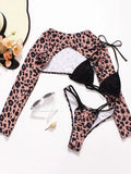 Leopard Printed Long Sleeve Beach Cover-up Bikini Women Swimwear Female Swimsuit Three-pieces Bikini Set Micro Bathing Suit Swim