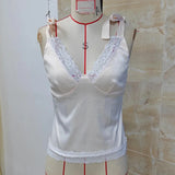 Fashion Satin Deep V Neck Vest Women Summer Solid Color Sleeveless Lace Trim Tie Shoulder Satin Tank Tops