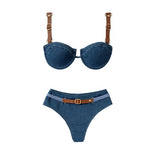 3Pcs Denim Printed Bikini 2026 Women Sexy Swimsuit Leather Strap Swimwear Bandeau Biquini Female Push Up Bathing Suit Beachwear
