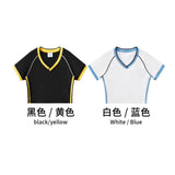 Hot girl top V-neck exposed navel contrasting color splicing clothes women's street short-sleeved T-shirt