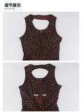 Sexy Brown Leopard Print Yoga Jumpsuit Women Hollow Out Backless Sleeveless Slim Gym Running One Piece Flare Pants Sports Suit