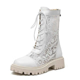 2026 New Big Size 45 Chic Black Lace Mesh Summer Boots Women Round Toe Square Heels Shoelace Zip-up Mid-calf Boots Shoes