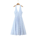 French Style Blue Jacquard Dress With French Vibe V-neck Backless Holiday Halter-neck Dress Niche Long Dress Pure Desire U633