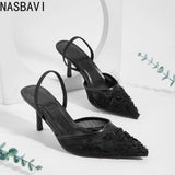 Brand Lace Designer White Women Wedding Pumps Mesh Embroidered Flowers Back Strap Sexy Slingback High Heels Dress Shoes Ladies