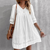 Boho Dress For Women Casual Summer Lace Dresses V Neck Short Sleeve Beach Sundress Swing Vestidos Fashion Slim Lace Plus Size