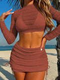 Long Sleeve Cover Up Skirt Halter Bikini Female Swimsuit Women Swimwear Four-Pieces Bikini Set Bathing Suit Bather Swim V7273