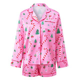 Women Satin 2 Piece Christmas Pajama Set Printed Long Sleeve Button-up Tops and Elastic Waist Shorts Summer Fall Sleepwear