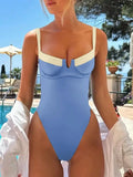 S - XL Splicing High Leg Cut One Piece Swimsuit Women Swimwear Female Underwired V-Bar Bather Bathing Suit Swim Beach Bodysuit