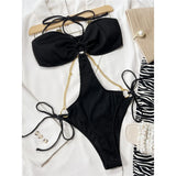 Sexy Ribbed Halter Metal Chains One Piece Swimsuit Women Swimwear Female Monokini High Leg Cut Bather Bathing Suit Swim V4572