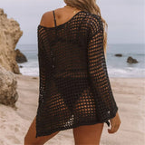 Long Sleeve Hollow Out Top Crochet Knitted Tunic Beach Cover Up Cover-ups Beach Dress Beach Wear Beachwear Female Women V4250