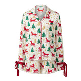 Womens 2025 Christmas Pajamas Sets Print Button Up Long Sleeve Lapel V Neck Tops and Shorts Lounge Wear Satin 2 Pieces Set