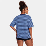 Summer Women's Loose T-shirt Casual Stylish Striped Crew Neck Short Sleeve Drop Shoulder Tee Tops