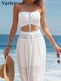 S - XL Bandeau Crochet Knitted 2 Pieces Suits Tunic Beach Cover Up Cover-ups Beach Dress Beach Wear Beachwear Female Women V8218