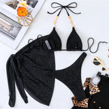 Sexy Black Shiny Swimwear Sarong String Halter Triangle Bikinis Sets 3 Pieces Rhinestone Swimsuit Women 2026 Bather Beachwear