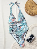 Tiger Printed Halter Deep V Neck One Piece Swimsuit Women Swimwear Female Backless Monokini High Cut Bathing Suit Swim Bodysuit