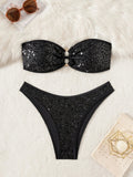 DEKA Gold Shiny Bandeau Bikini Set 2025 Women Sequin Front Ring Push Up Micro Swimsuit Summer Bathing Suit Thong Swimwear Biquin