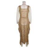 DEKA Women Knitted Tassel Beach Bikini Cover Up Backless Crochet Long Beach Dress Swimwear Side Split Hollow Out Sundress