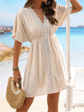 V Neck Lace Short Sleeve Tunic Beach Cover Up Cover-ups Beach Dress Beach Wear Beachwear Female Outfits Bathing kaftan for Women