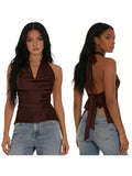Women Halter Cowl Neck Tank Tops Slim Solid Color Satin Sleeveless Backless Vest for Going Out Party Club