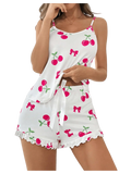 Cherry Print Women Pajama Set 2 Piece Sleepwear Cute Cami Top and Ruffle Shorts Nightwear Lounge Set Homewear for Women Girls