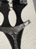 Sexy Black Snakeskin Print One Piece Swimwear Women 2026 Metal Buckle Hollow Out Backless Bikini Summer Bathing Suit Swimsuit