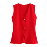 Foridol Gold Button Knitted Tank Top Women Autumn Winter Burgundy Short Vest Sleeveless V Neck Chic New Fashion Tops