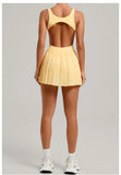 New Large Backless Tennis Dresses Women Solid Color Sleeveless Glare Pleated Yoga Skirt with Pocket Shorts Running Fitness Dress