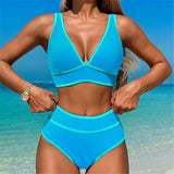 S - XL Sexy V Neck Printed High Waist Bikini Female Swimsuit Women Swimwear Two-pieces Bikini Set Bather Bathing Suit Swim V6997