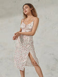 Women Summer Floral Print Party Club Midi Dress Sleeveless Spaghetti Strap Bustier Backless Thigh Slit Slim Dress