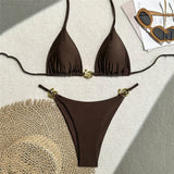 Dark Brown String Halter Micro Thong Bikinis Sets Sexy Swimsuit Women 2026 Metal Ring Holiday Swimwear Beach Wear Bikini Mujer