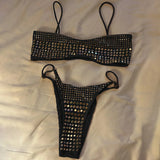Black rhinestone process bikini sexy thong split swimsuit 2-piece beach set