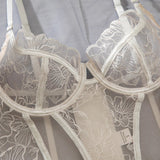 Embroidered flower underwear, sexy three-point mesh fishbone body shaping sexy suit with stockings