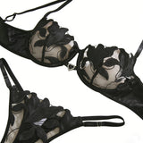 Black Embroidered Floral Lingerie Set - Sexy Bra And G-string Combo with Heart Decoration Underwear Set for Women ZA824031