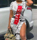 Trendy Printed Slim Midi Dresses Women Fashion Package Hip Bodycon Short Sleeves Drawstring Slit Dress Casual Ladies Streetwear