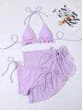 Women Frech chic bikini sets three pieces with mesh skirt swimsuit tie halter purple Swimwear bathing suit beach outfits biquini