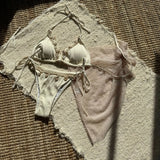 With Mesh Sarong Wrinkled Halter Shell Bikini Female Swimsuit Women Swimwear Three-pieces Bikini Set Bathing Suit Swim Beachwear